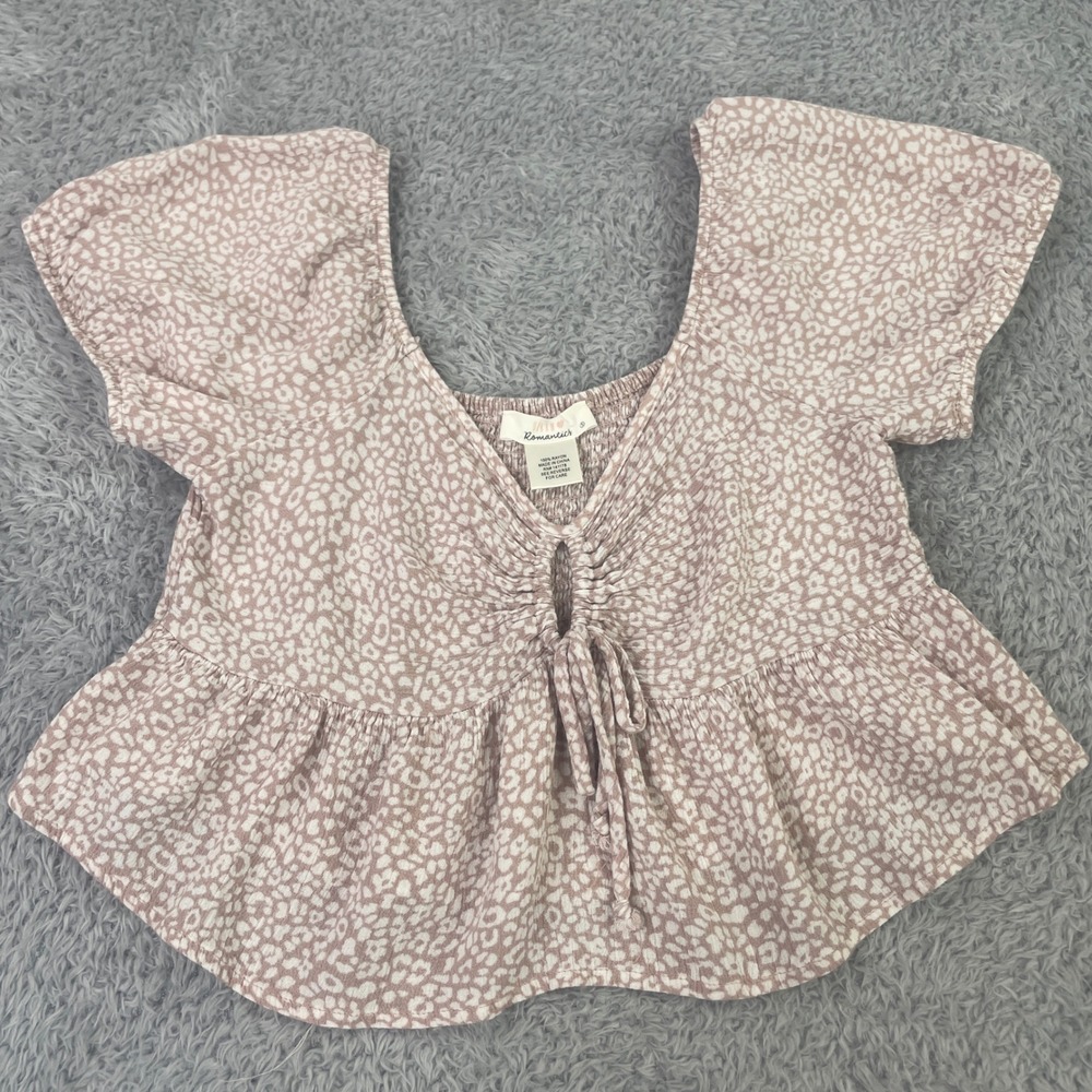 Urban Romantics Peplum Top Womens Small Mauve Animal Print Smocked Tie Front